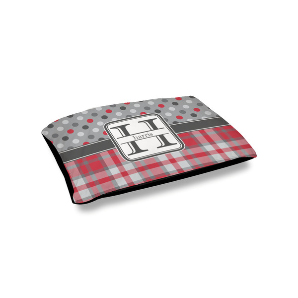 Custom Red & Gray Dots and Plaid Outdoor Dog Bed - Small (Personalized)