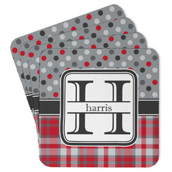 Red & Gray Dots and Plaid Paper Coasters w/ Name and Initial