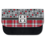 Red & Gray Dots and Plaid Canvas Pencil Case w/ Name and Initial