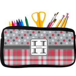 Red & Gray Dots and Plaid Neoprene Pencil Case - Small w/ Name and Initial