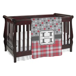 Red & Gray Dots and Plaid Baby Blanket (Single Sided) (Personalized)