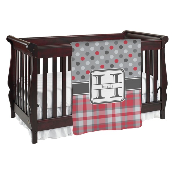 Custom Red & Gray Dots and Plaid Baby Blanket (Double Sided) (Personalized)