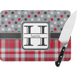 Red & Gray Dots and Plaid Rectangular Glass Cutting Board - Large - 15.25"x11.25" w/ Name and Initial