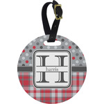 Red & Gray Dots and Plaid Plastic Luggage Tag - Round (Personalized)