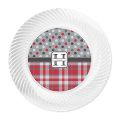 Red & Gray Dots and Plaid Plastic Party Dinner Plates - 10" (Personalized)