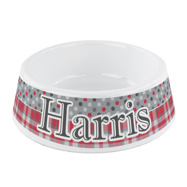 Custom Red & Gray Dots and Plaid Plastic Dog Bowl - Small (Personalized)