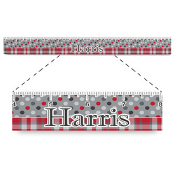 Red & Gray Dots and Plaid Plastic Ruler - 12" (Personalized)