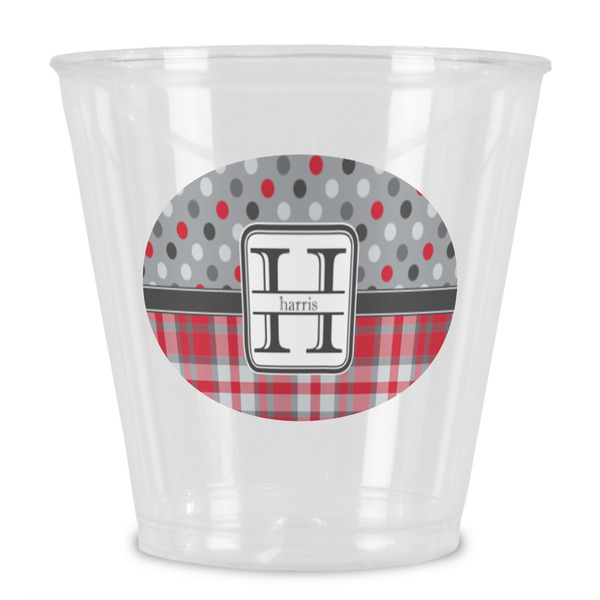 Custom Red & Gray Dots and Plaid Plastic Shot Glass (Personalized)