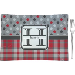 Red & Gray Dots and Plaid Glass Rectangular Appetizer / Dessert Plate (Personalized)