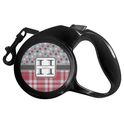 Red & Gray Dots and Plaid Retractable Dog Leash (Personalized)