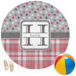 Red & Gray Dots and Plaid Round Beach Towel (Personalized)