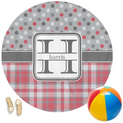 Red & Gray Dots and Plaid Round Beach Towel (Personalized)