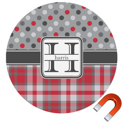 Red & Gray Dots and Plaid Round Car Magnet - 6" (Personalized)