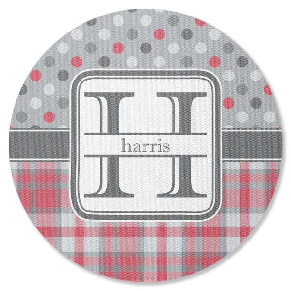 Custom Red & Gray Dots and Plaid Round Rubber Backed Coaster (Personalized)