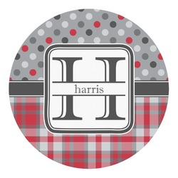 Red & Gray Dots and Plaid Round Decal - Large (Personalized)