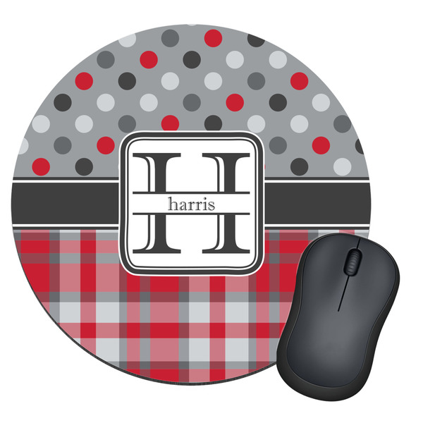 Custom Red & Gray Dots and Plaid Round Mouse Pad (Personalized)