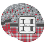 Red & Gray Dots and Plaid Round Paper Coasters w/ Name and Initial