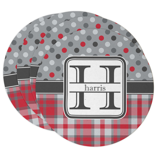 Custom Red & Gray Dots and Plaid Round Paper Coasters w/ Name and Initial