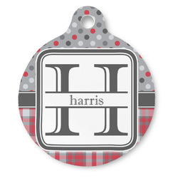 Red & Gray Dots and Plaid Round Pet ID Tag - Large (Personalized)