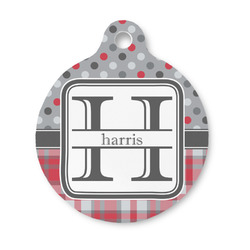 Red & Gray Dots and Plaid Round Pet ID Tag - Small (Personalized)