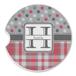 Red & Gray Dots and Plaid Sandstone Car Coaster - Single (Personalized)