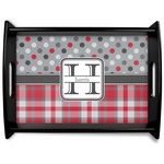 Red & Gray Dots and Plaid Black Wooden Tray - Large (Personalized)