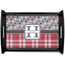 Red & Gray Dots and Plaid Black Wooden Tray - Small (Personalized)