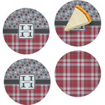 Red & Gray Dots and Plaid Set of 4 Glass Appetizer / Dessert Plate 8" (Personalized)