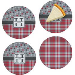 Red & Gray Dots and Plaid Set of 4 Glass Appetizer / Dessert Plate 8" (Personalized)