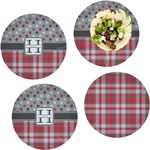 Red & Gray Dots and Plaid Set of 4 Glass Lunch / Dinner Plate 10" (Personalized)