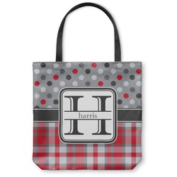 Red & Gray Dots and Plaid Canvas Tote Bag - Small - 13"x13" (Personalized)
