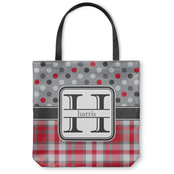 Custom Red & Gray Dots and Plaid Canvas Tote Bag - Medium - 16"x16" (Personalized)