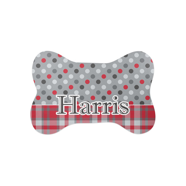 Custom Red & Gray Dots and Plaid Bone Shaped Dog Food Mat (Small) (Personalized)