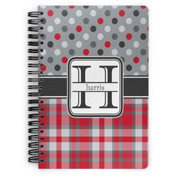Red & Gray Dots and Plaid Spiral Notebook - 7x10 w/ Name and Initial