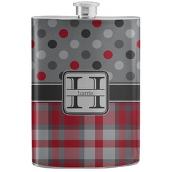 Red & Gray Dots and Plaid Stainless Steel Flask (Personalized)