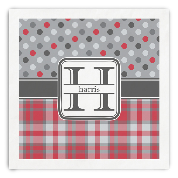 Custom Red & Gray Dots and Plaid Paper Dinner Napkins (Personalized)