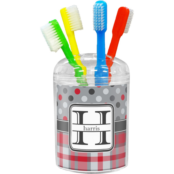 Custom Red & Gray Dots and Plaid Toothbrush Holder (Personalized)