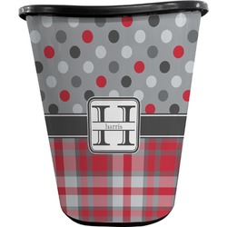 Red & Gray Dots and Plaid Waste Basket - Double Sided (Black) (Personalized)