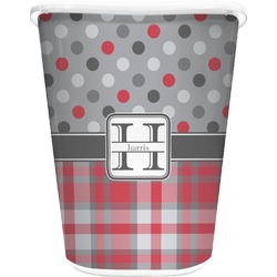 Red & Gray Dots and Plaid Waste Basket - Single Sided (White) (Personalized)