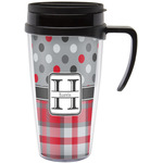 Red & Gray Dots and Plaid Acrylic Travel Mug with Handle (Personalized)