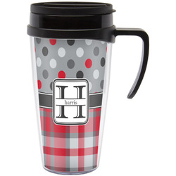 Red & Gray Dots and Plaid Acrylic Travel Mug with Handle (Personalized)