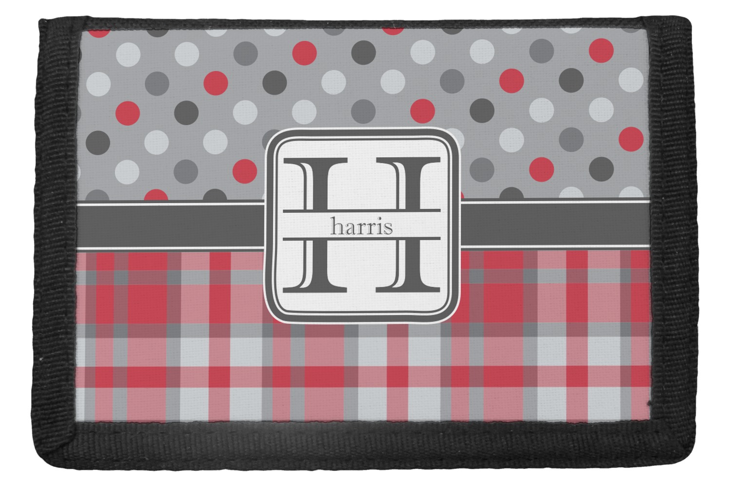 Custom Red & Gray Dots and Plaid Trifold Wallet (Personalized