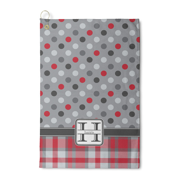 Custom Red & Gray Dots and Plaid Waffle Weave Golf Towel (Personalized)