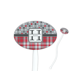 Red & Gray Dots and Plaid 7" Oval Plastic Stir Sticks - White - Double Sided (Personalized)
