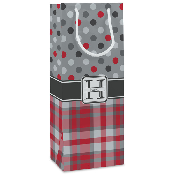 Custom Red & Gray Dots and Plaid Wine Gift Bags (Personalized)