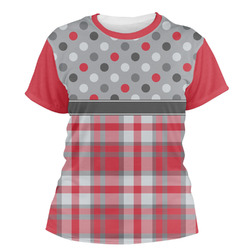 Red & Gray Dots and Plaid Women's Crew T-Shirt - Large