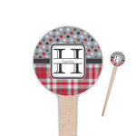 Red & Gray Dots and Plaid 4" Round Wooden Food Picks - Double Sided (Personalized)