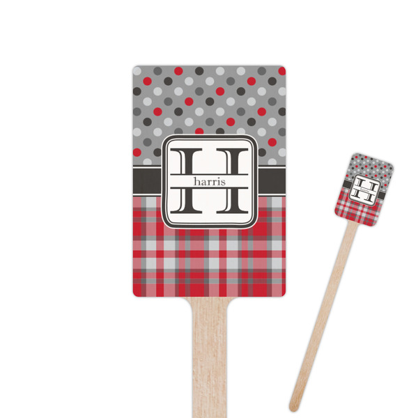 Custom Red & Gray Dots and Plaid 6.25" Rectangle Wooden Stir Sticks - Double Sided (Personalized)
