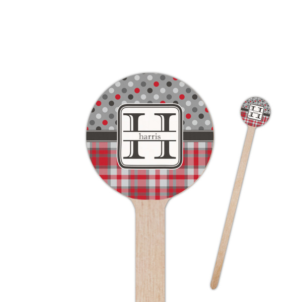 Custom Red & Gray Dots and Plaid 6" Round Wooden Stir Sticks - Double Sided (Personalized)