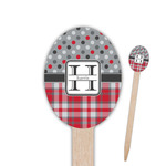 Red & Gray Dots and Plaid Oval Wooden Food Picks - Double Sided (Personalized)